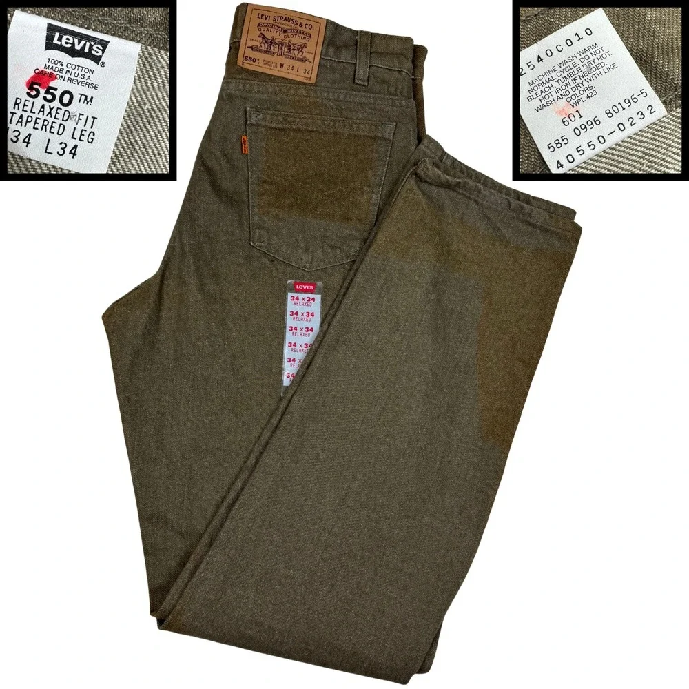 Vintage 90s Levi's 550 Orange Tab Jeans 34x34 (34x35) USA Made Olive Relaxed Fit